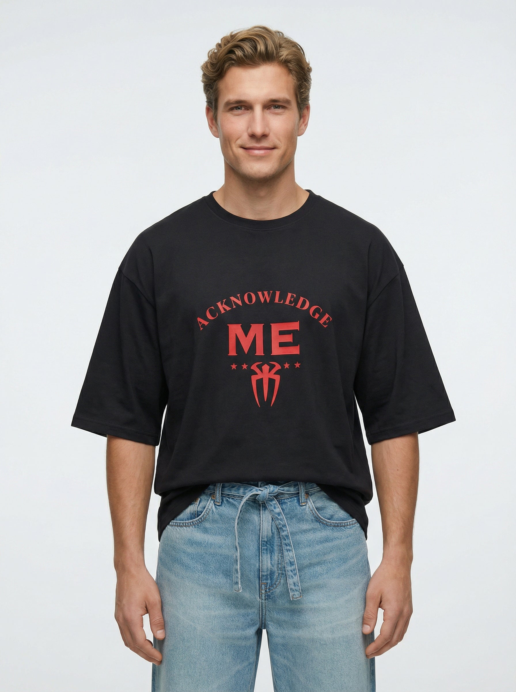 Acknowledge Me, Black T-Shirt | Down Shoulder 220 GSM Cotton Blend