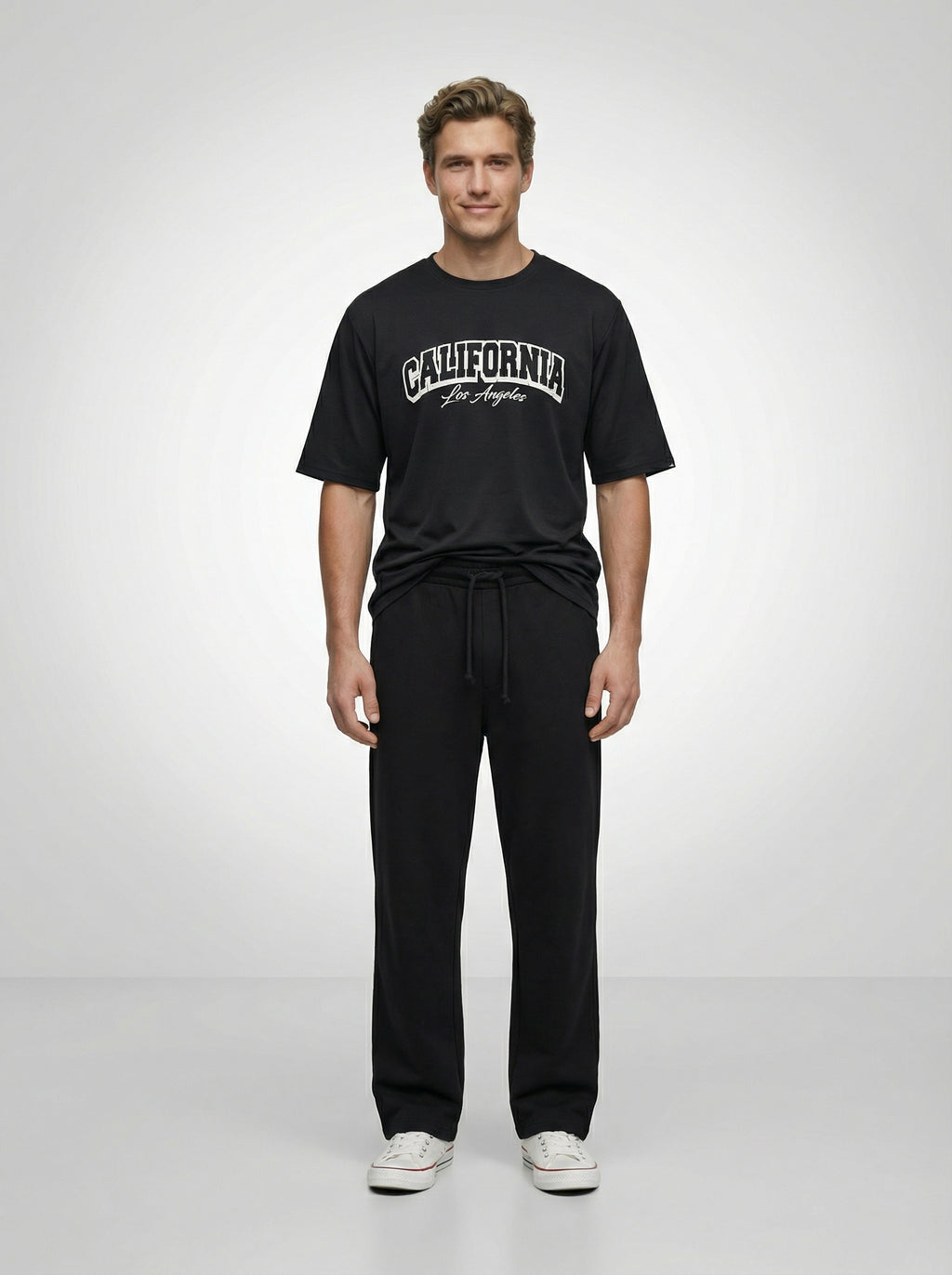 California Design, Black T-Shirt | Down Shoulder 220 GSM Cotton Blend