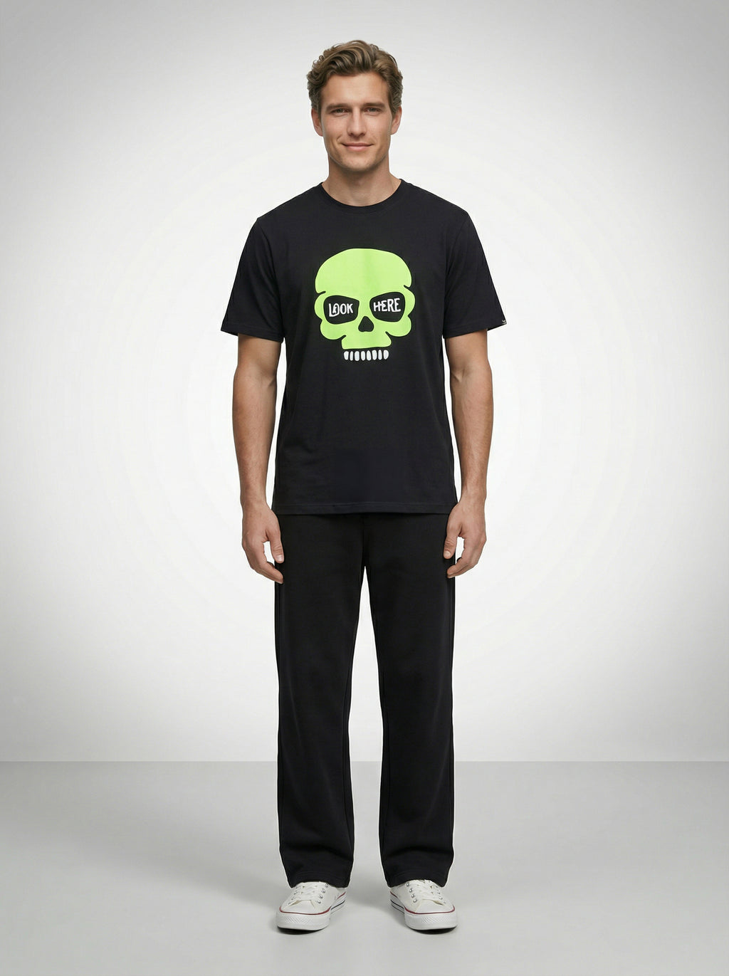 Skull, Black T-Shirt | Down Shoulder 220 GSM Cotton Blend