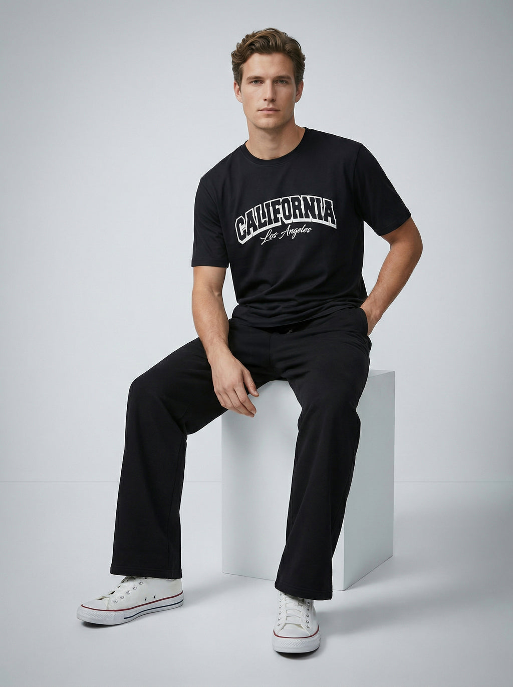 California Design, Black T-Shirt | Down Shoulder 220 GSM Cotton Blend