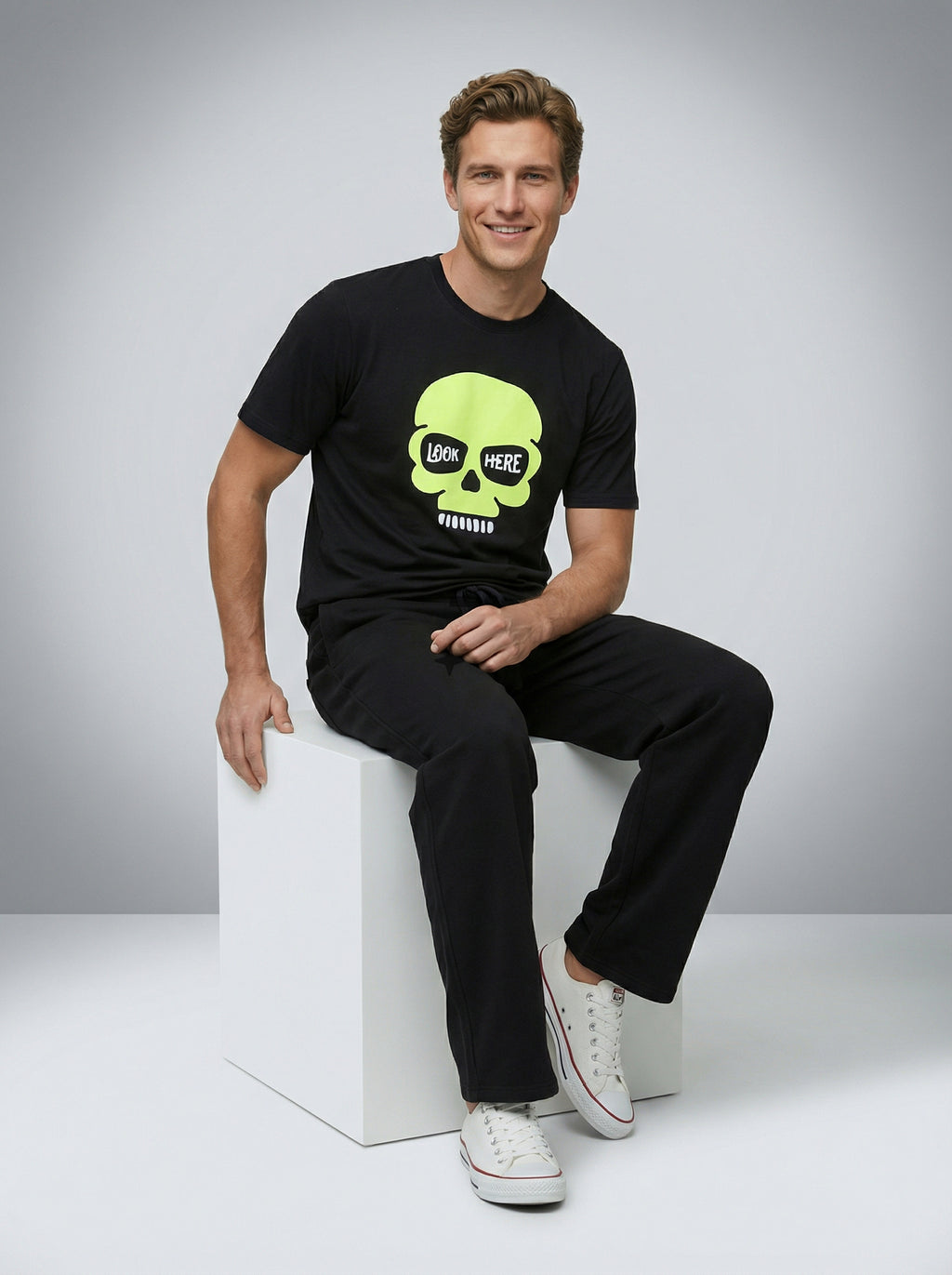 Skull, Black T-Shirt | Down Shoulder 220 GSM Cotton Blend