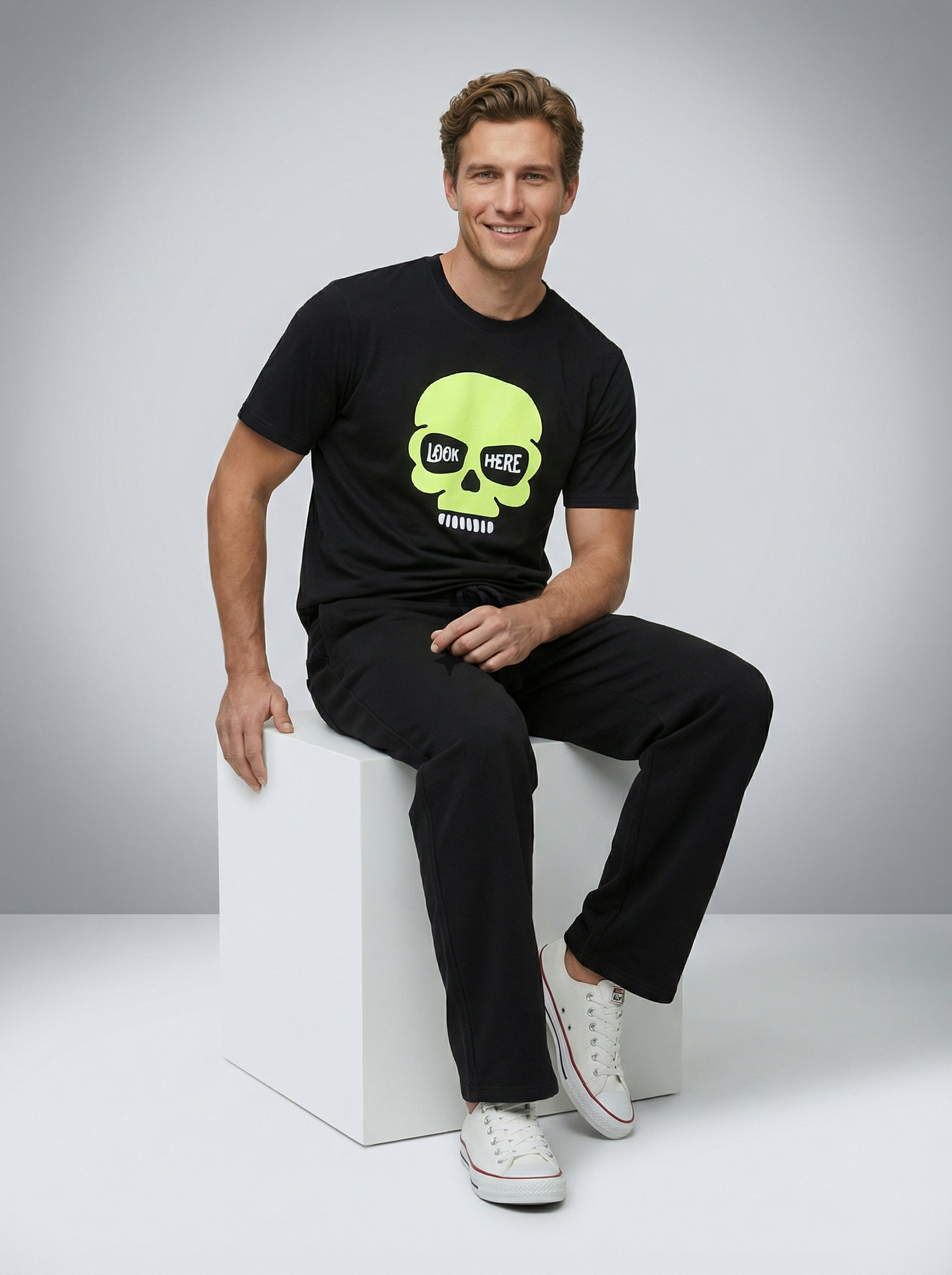Skull, Black T-Shirt | Down Shoulder 220 GSM Cotton Blend