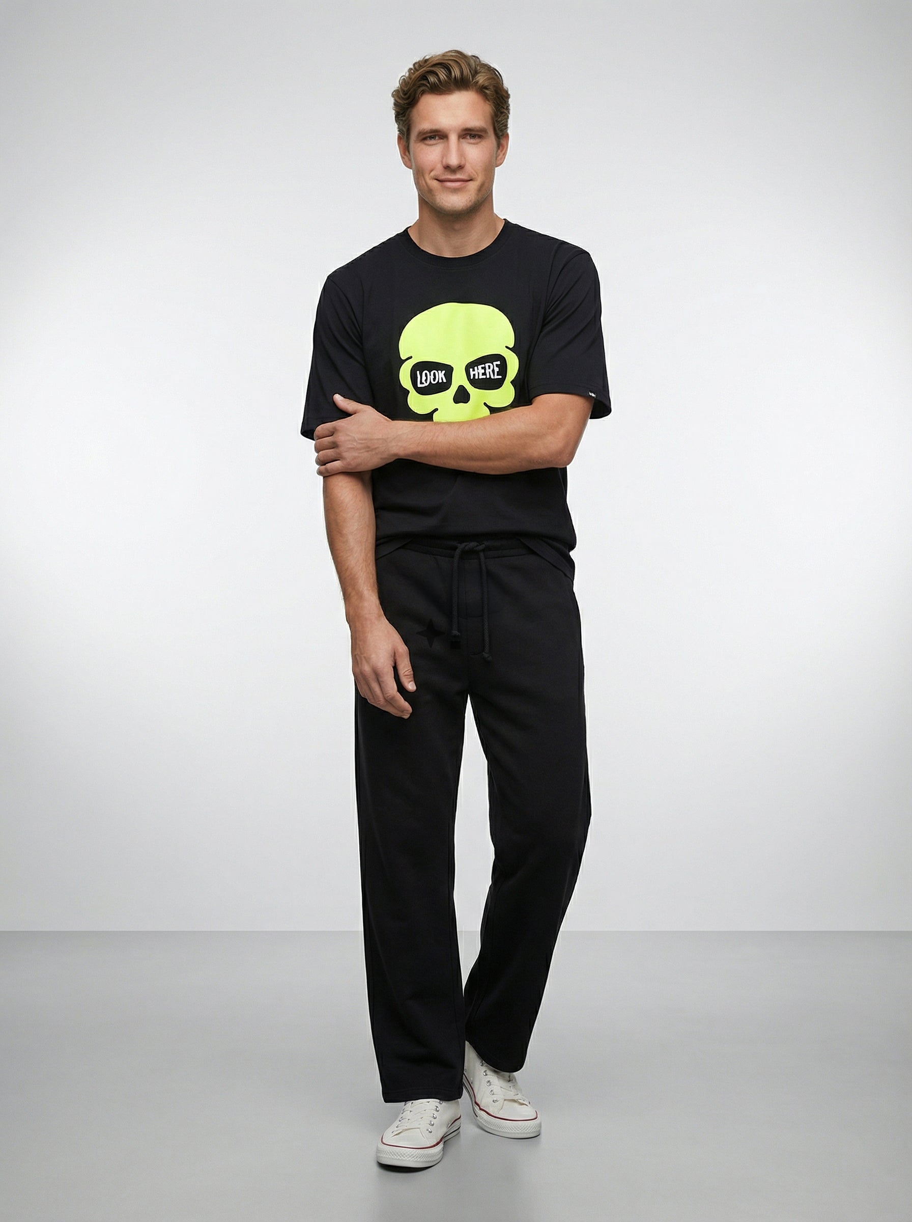 Skull, Black T-Shirt | Down Shoulder 220 GSM Cotton Blend