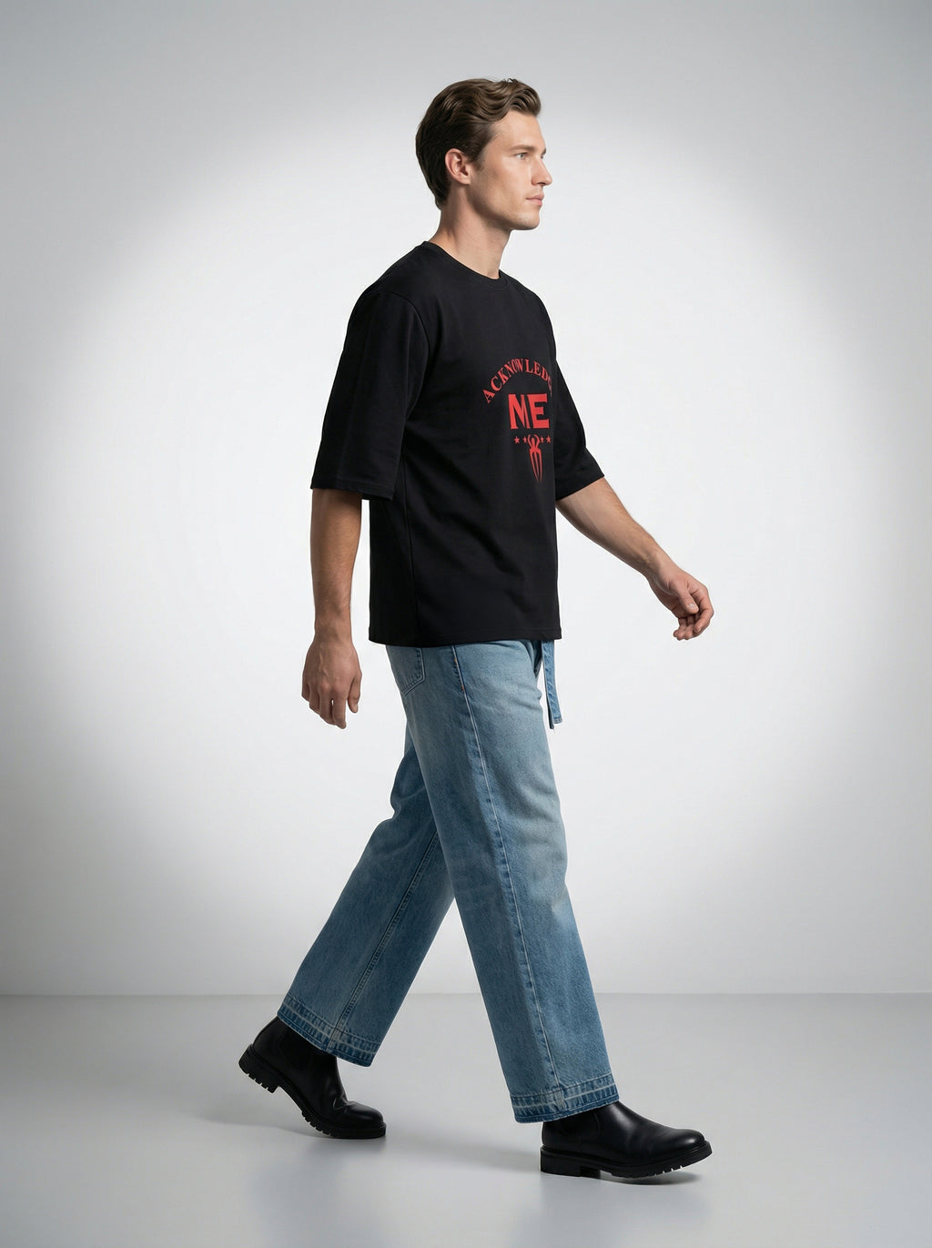 Acknowledge Me, Black T-Shirt | Down Shoulder 220 GSM Cotton Blend