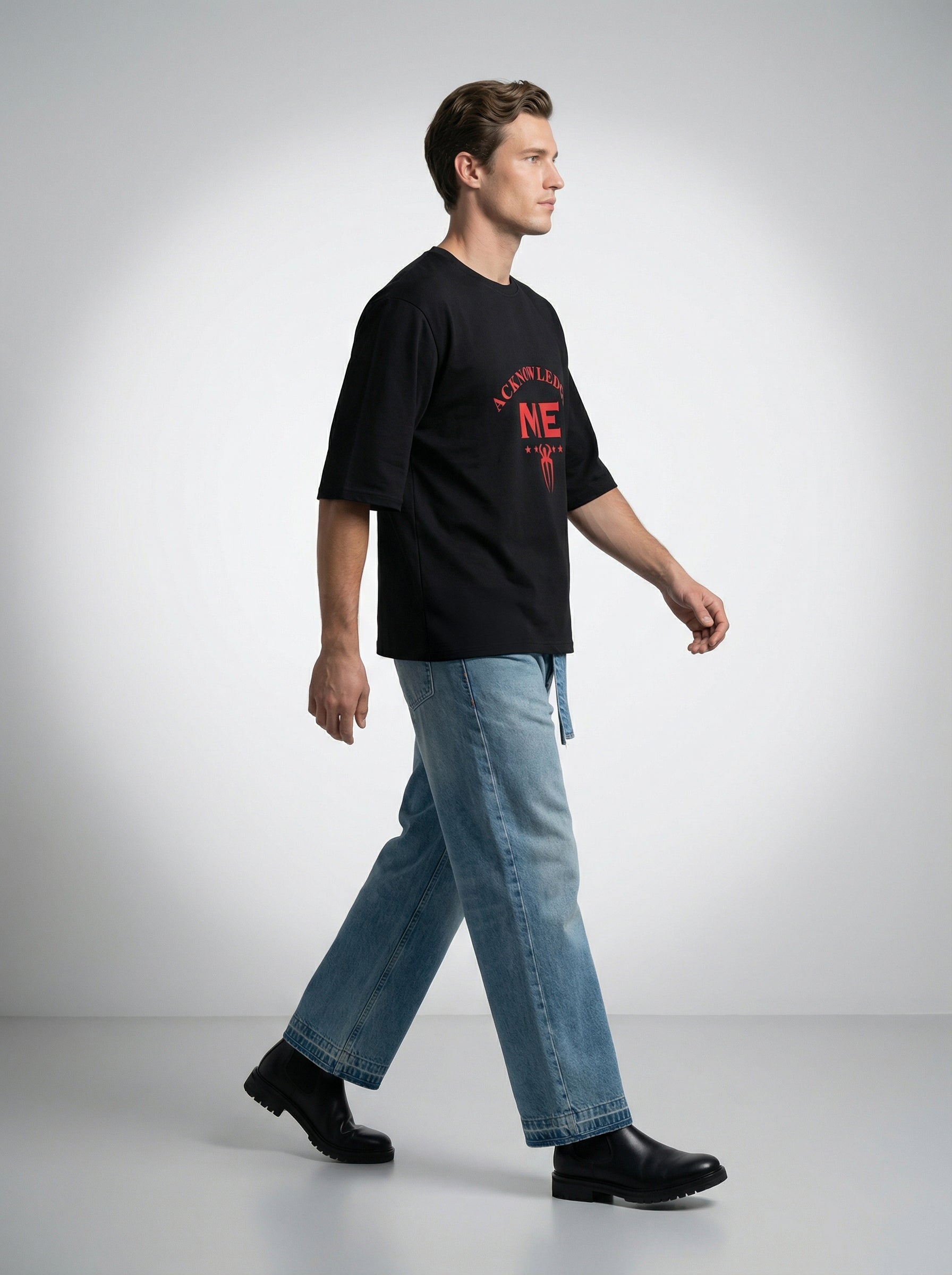 Acknowledge Me, Black T-Shirt | Down Shoulder 220 GSM Cotton Blend