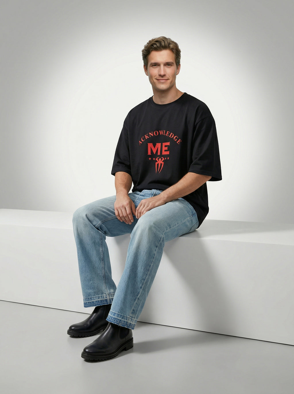 Acknowledge Me, Black T-Shirt | Down Shoulder 220 GSM Cotton Blend