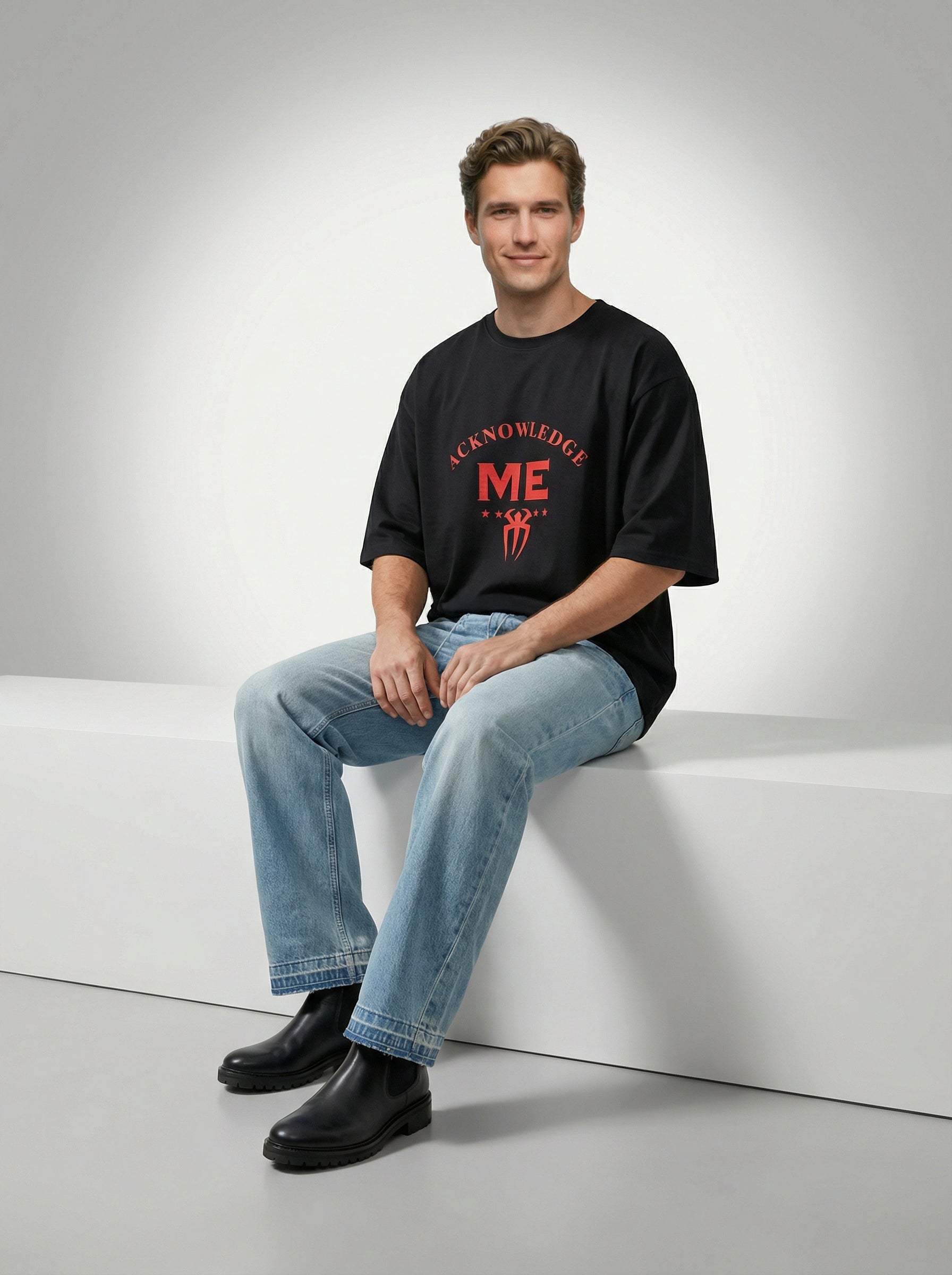 Acknowledge Me, Black T-Shirt | Down Shoulder 220 GSM Cotton Blend