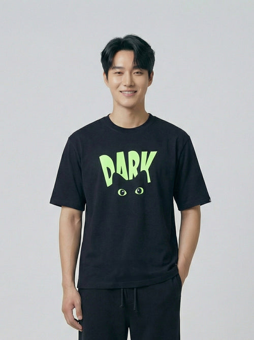 Dark Neon Graphic, Black T-Shirt | Down Shoulder 220 GSM Cotton Blend
