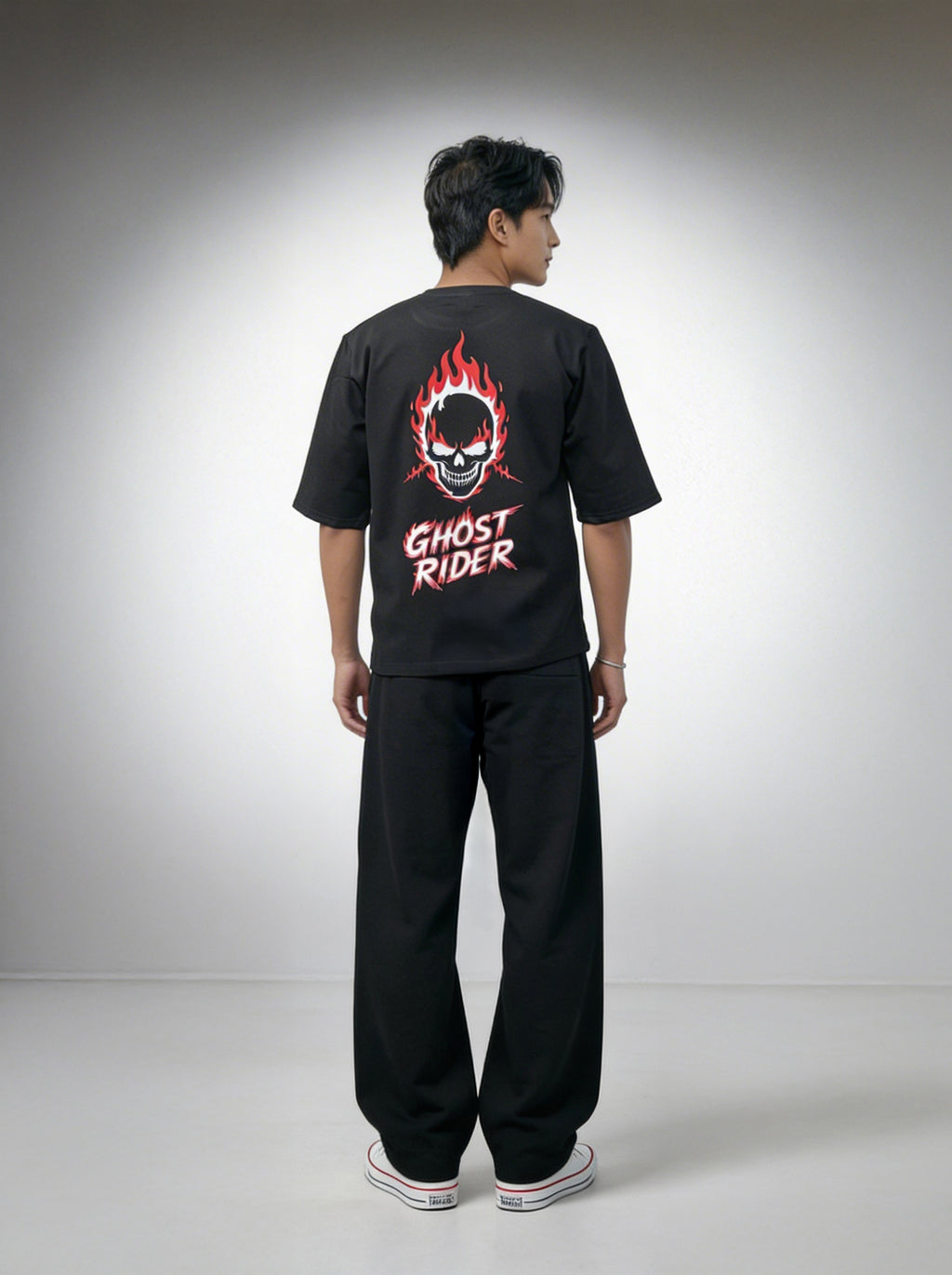 Ghost Rider, Black T-Shirt | Down Shoulder 220 GSM Cotton Blend