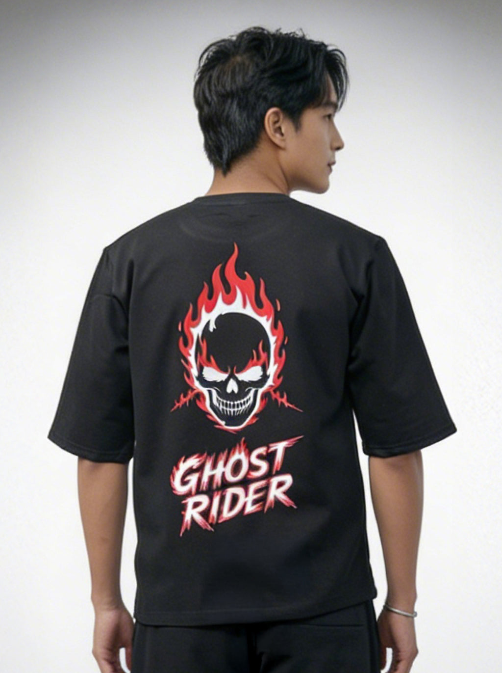 Ghost Rider, Black T-Shirt | Down Shoulder 220 GSM Cotton Blend