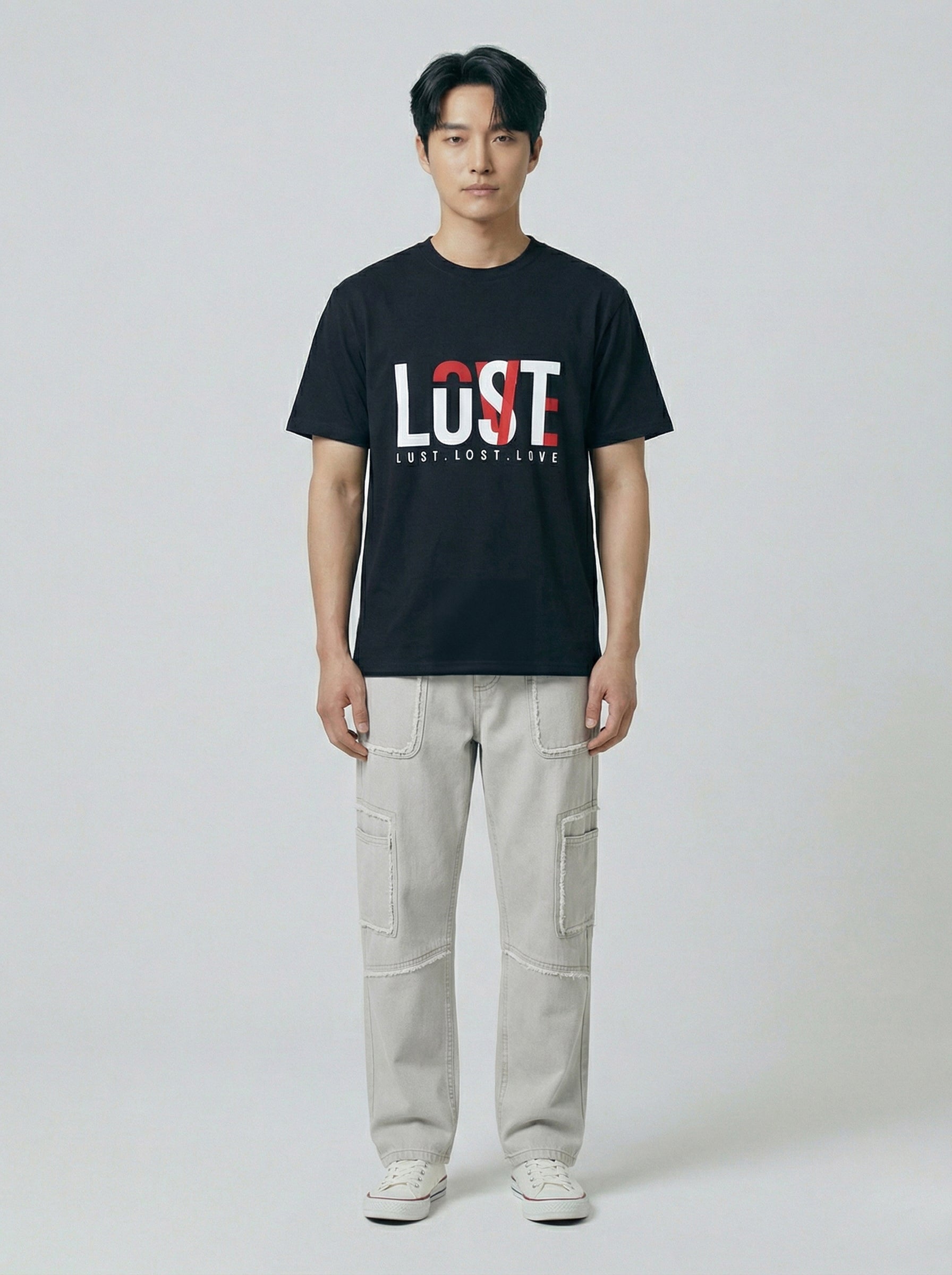 Lost List Love, Black T-Shirt | Down Shoulder 220 GSM Cotton Blend