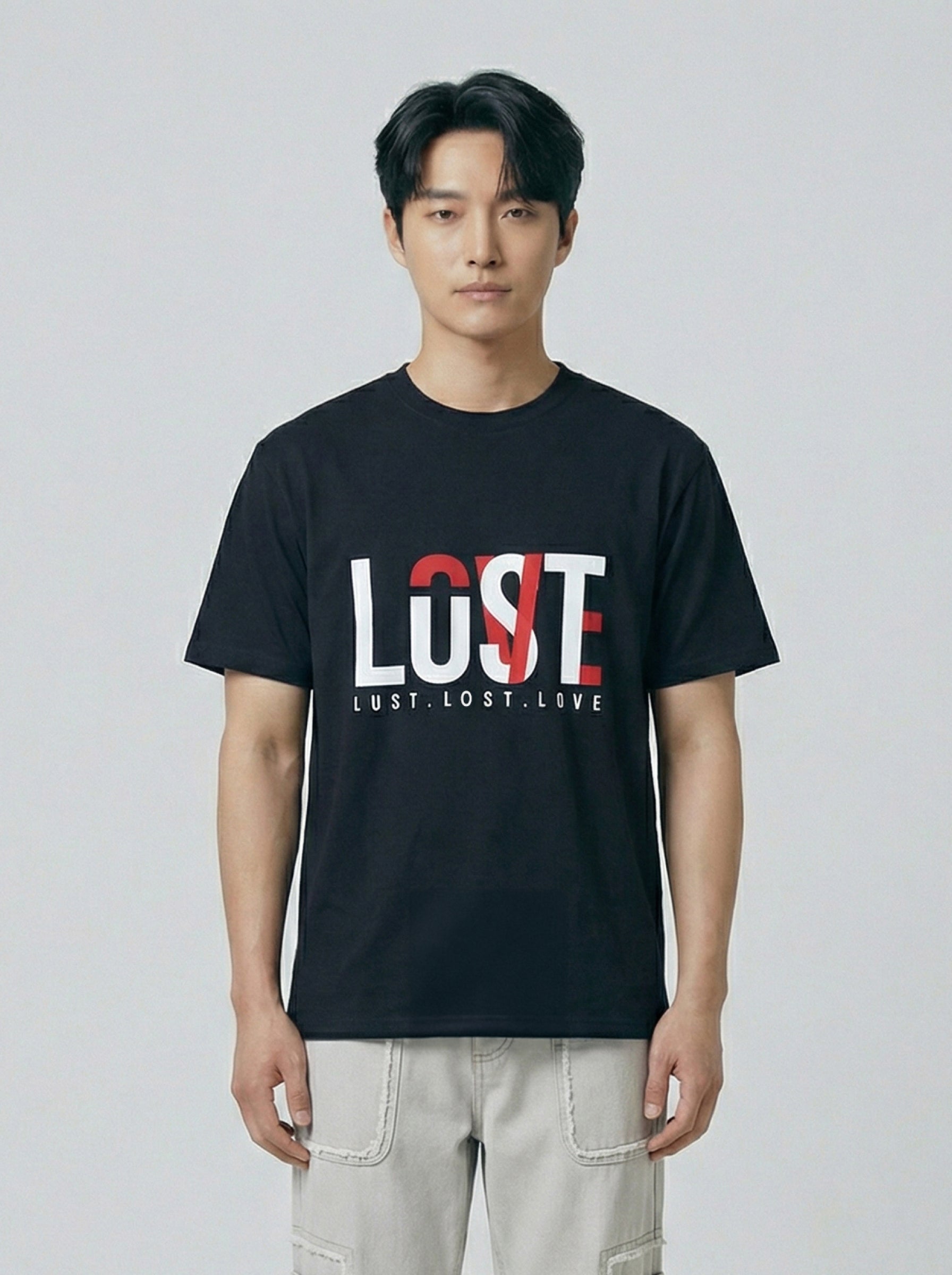 Lost List Love, Black T-Shirt | Down Shoulder 220 GSM Cotton Blend