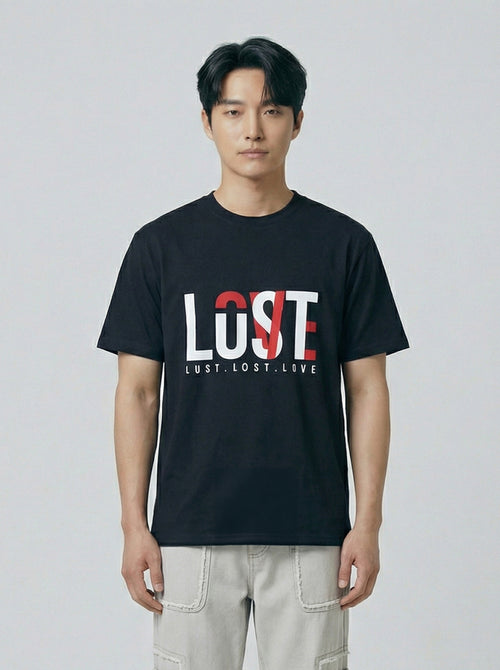 Lost List Love, Black T-Shirt | Down Shoulder 220 GSM Cotton Blend