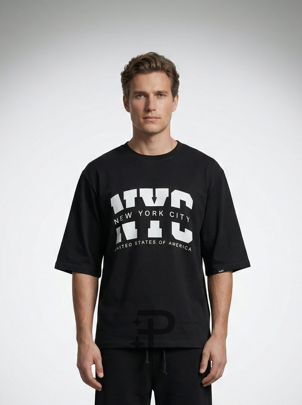 NYC Typography, Black T-Shirt | Down Shoulder 220 GSM Cotton Blend