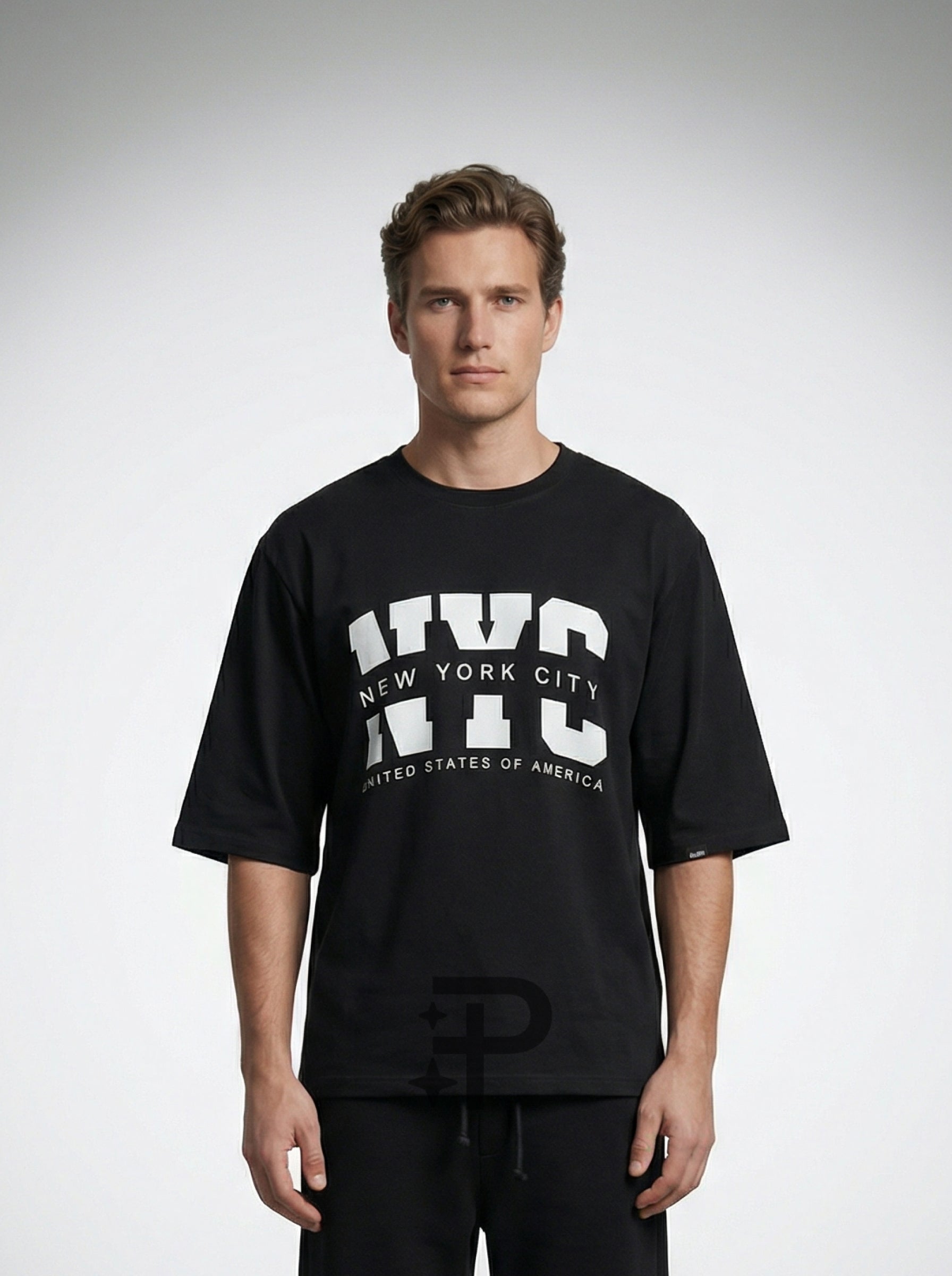 NYC Typography, Black T-Shirt | Down Shoulder 220 GSM Cotton Blend