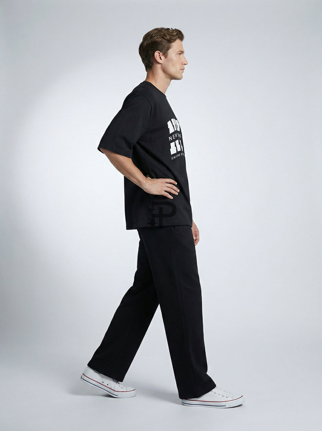 NYC Typography, Black T-Shirt | Down Shoulder 220 GSM Cotton Blend