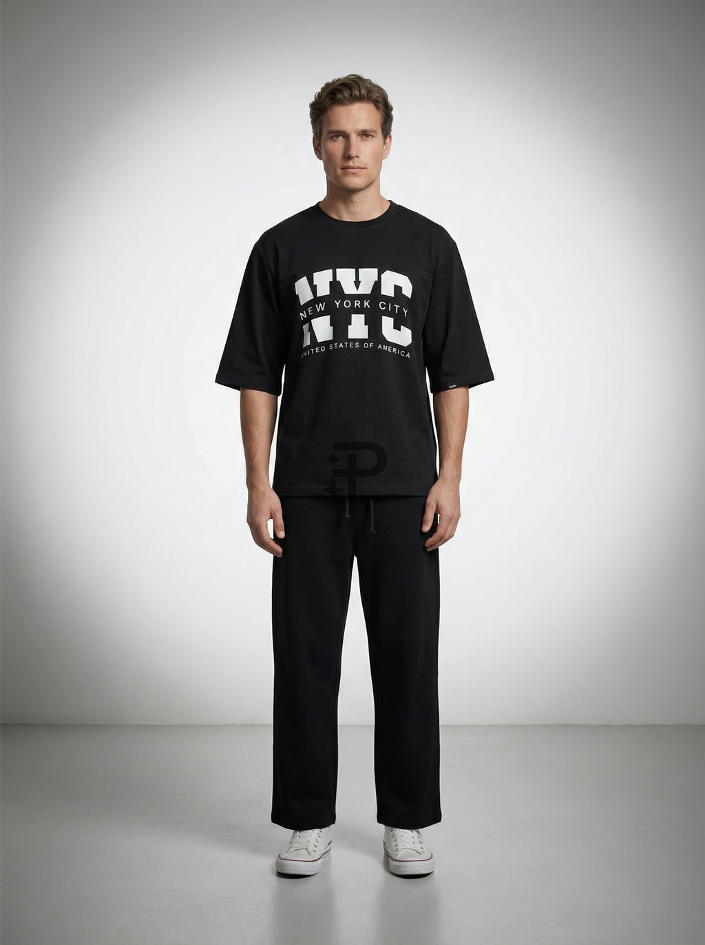 NYC Typography, Black T-Shirt | Down Shoulder 220 GSM Cotton Blend