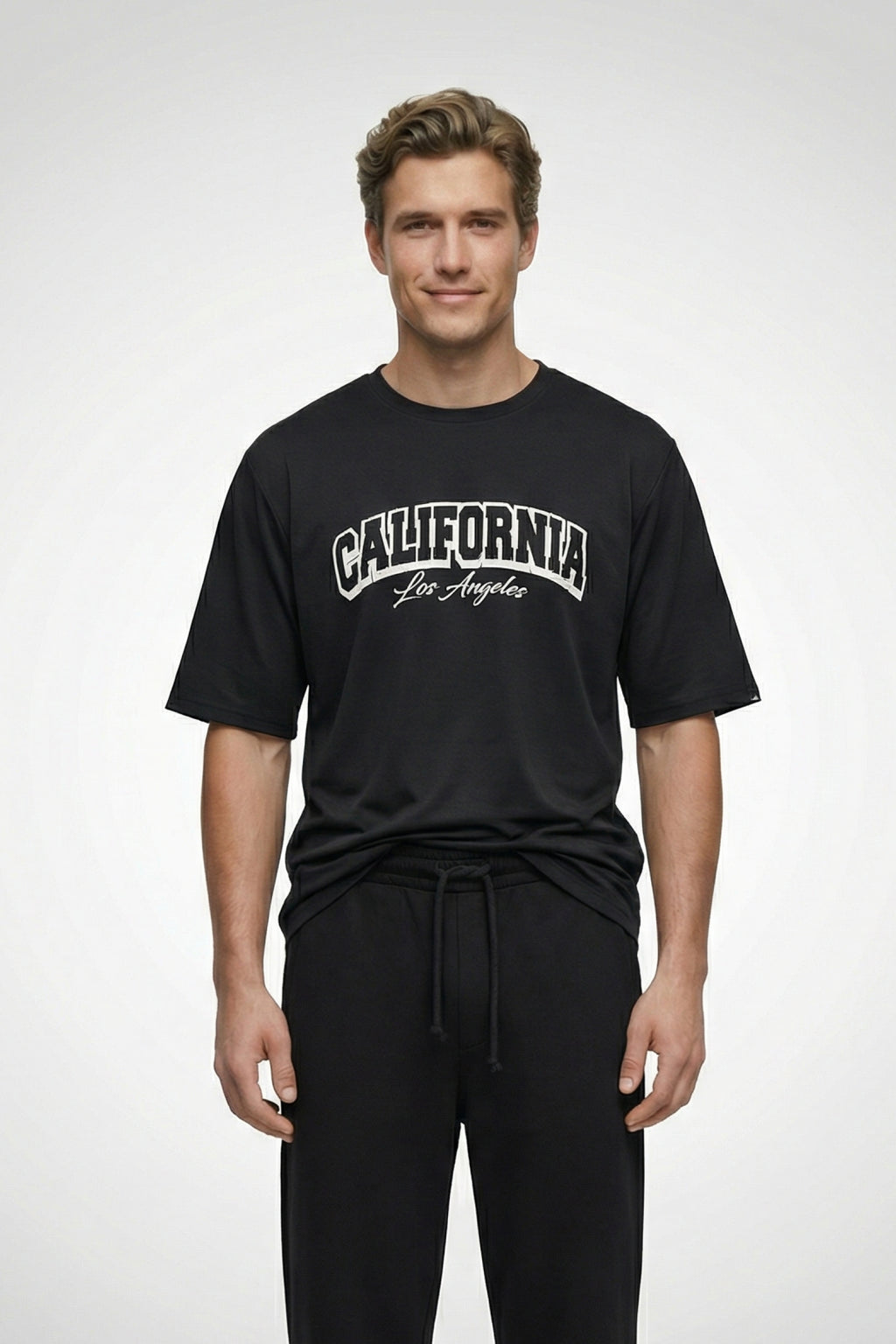 California Design, Black T-Shirt | Down Shoulder 220 GSM Cotton Blend