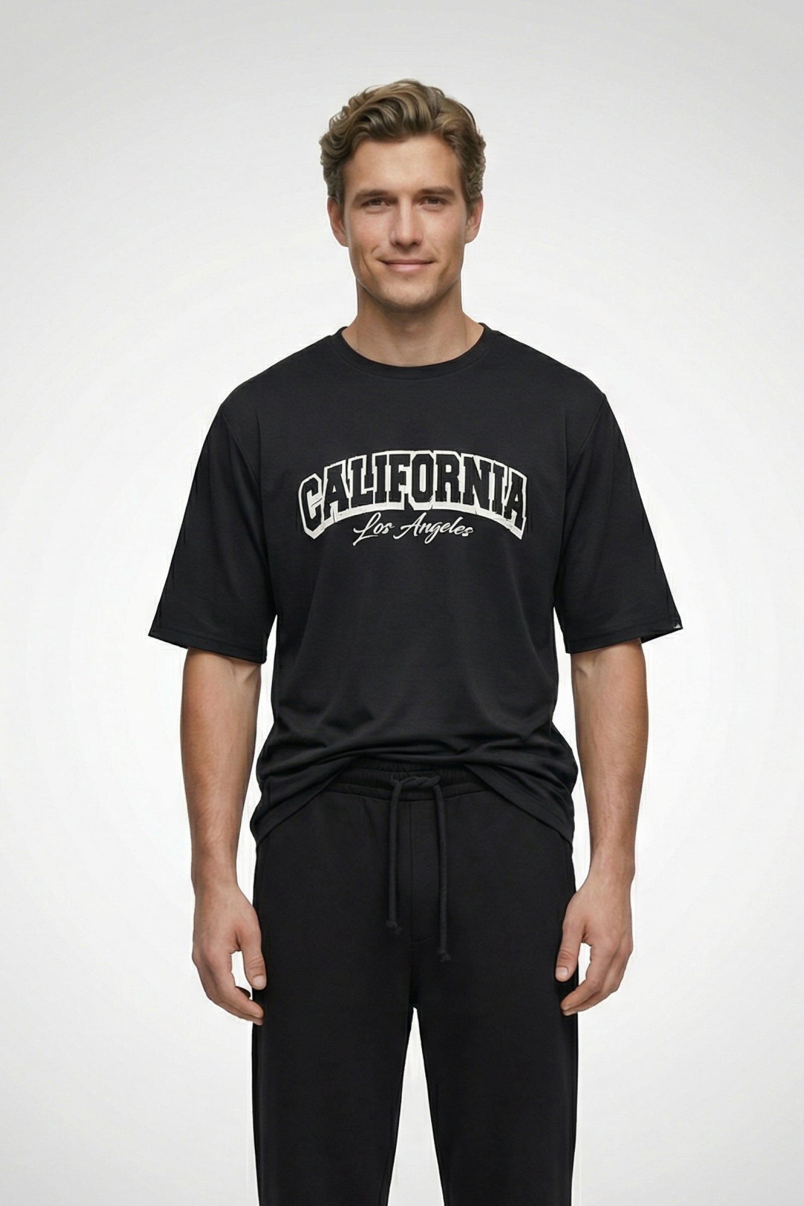 California Design, Black T-Shirt | Down Shoulder 220 GSM Cotton Blend